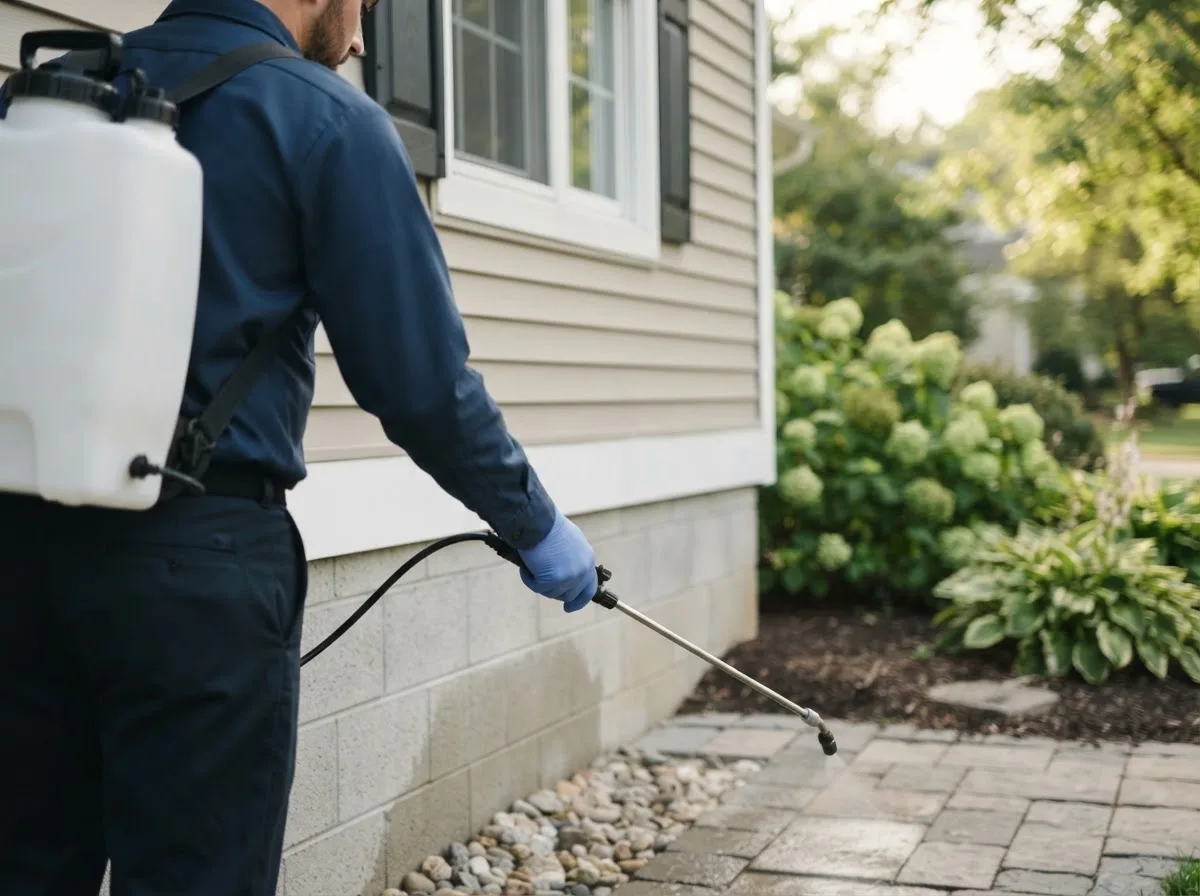 Pest control technician inspecting a home in Albion, NY